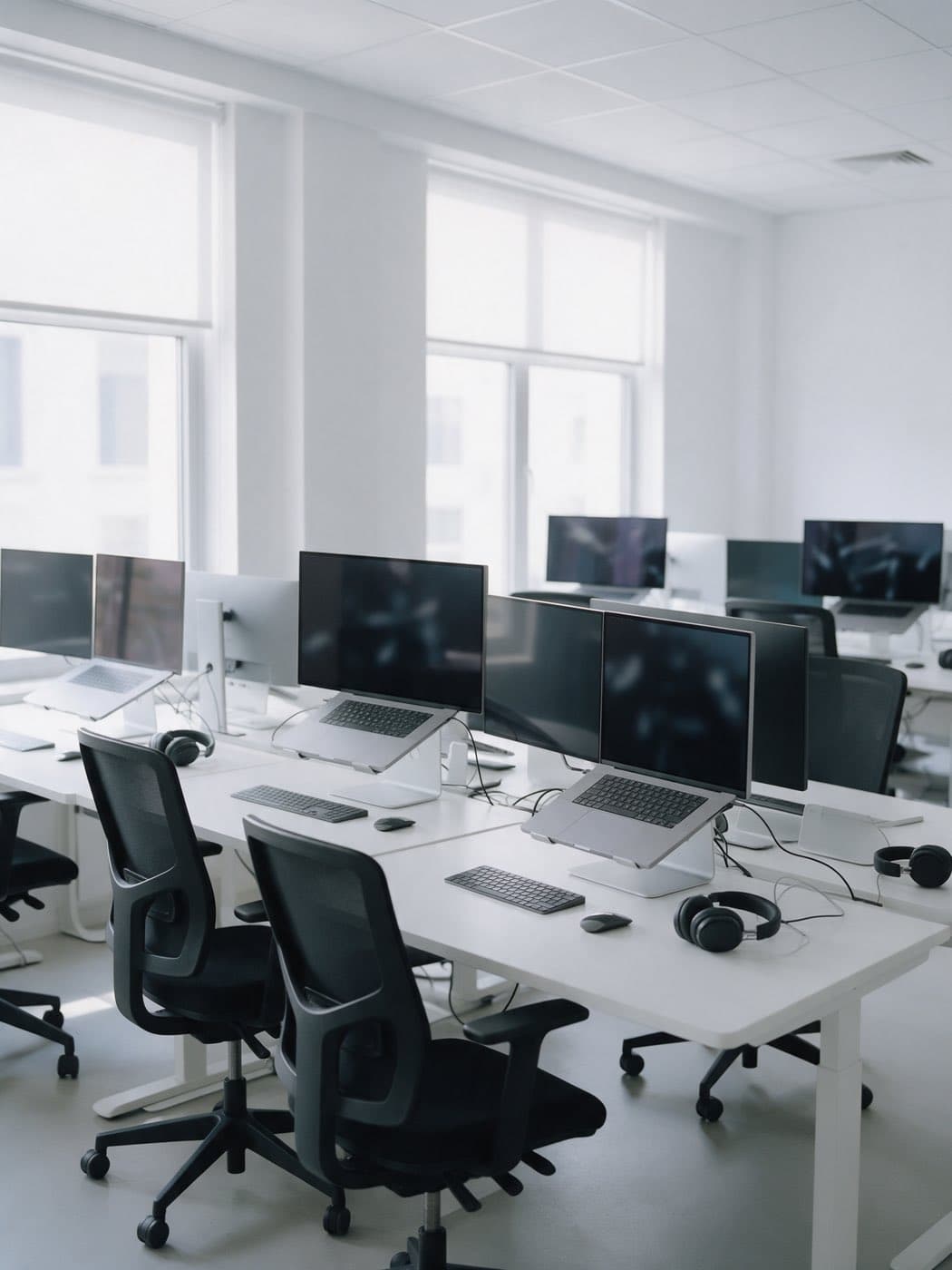Stanowiska programistów z dwoma monitorami, laptopami i słuchawkami