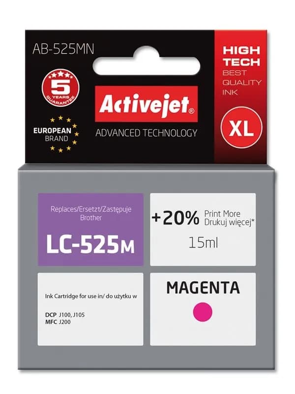 Activejet AB-525MN Tusz (zamiennik Brother LC525M; Supreme; 15 ml; czerwony). Drukuje więcej o