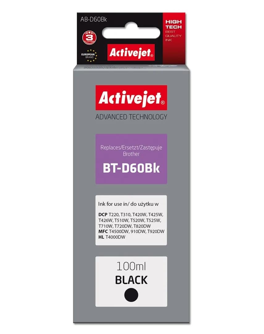 Activejet AB-D60Bk Buteleczka z tuszem z atramentem (zamiennik Brother BT-D60Bk; Supreme; 100 ml