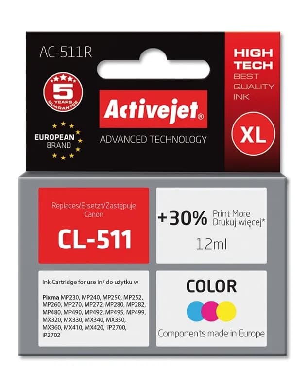 Activejet AC-511R Tusz (zamiennik Canon CL-511; Premium; 12 ml; kolor), zdjęcie 1 z 2