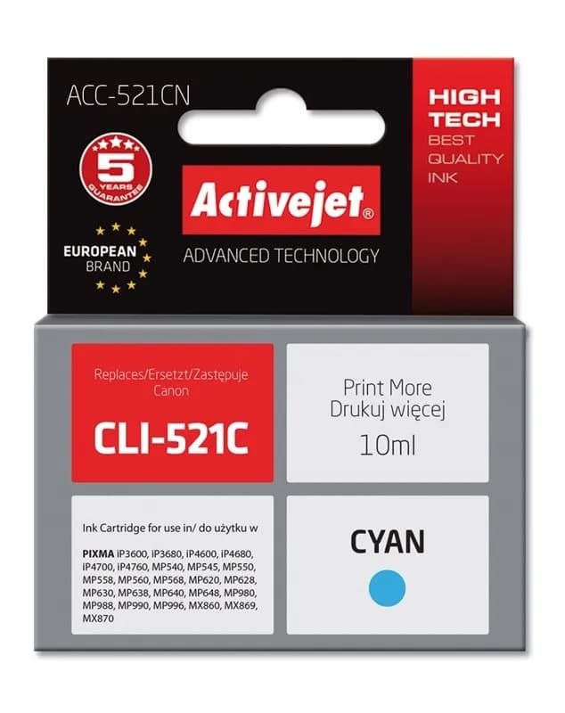 Activejet ACC-521CN Tusz (zamiennik Canon CLI-521C; Supreme; 10 ml; niebieski), zdjęcie 1 z 2