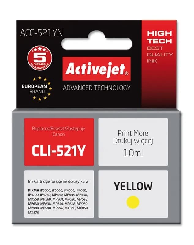 Activejet ACC-521YN Tusz (zamiennik Canon CLI-521Y; Supreme; 10 ml; żółty), zdjęcie 1 z 2