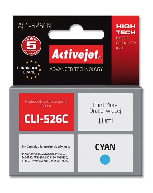 Activejet ACC-526CN Tusz (zamiennik Canon CLI-526C; Supreme; 10 ml; niebieski), zdjęcie 1 z 2