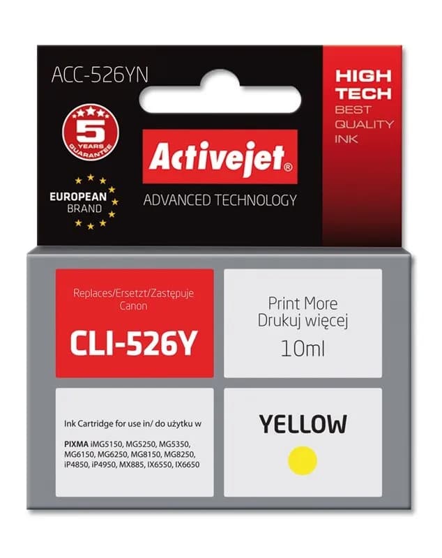 Activejet ACC-526YN Tusz (zamiennik Canon CLI-526Y; Supreme; 10 ml; żółty), zdjęcie 1 z 2