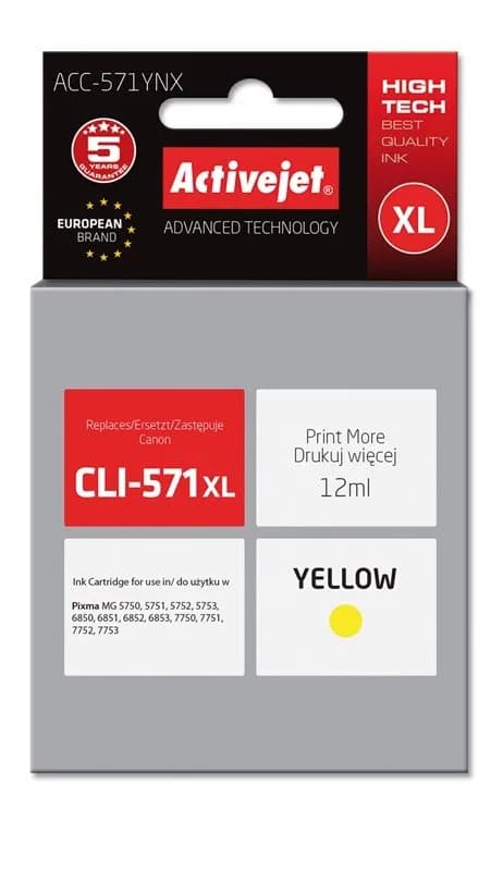 Activejet ACC-571YNX Tusz (zamiennik Canon CLI-571XLY; Supreme; 12 ml; żółty), zdjęcie 1 z 2