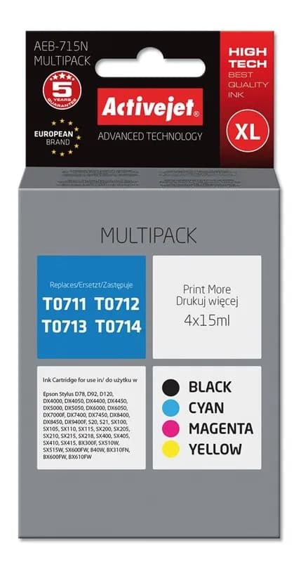 Activejet AEB-715N Tusz (zamiennik Epson T0715; Supreme; 4 x 15 ml; czarny, czerwony, niebieski