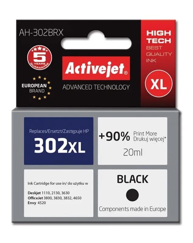 Activejet AH-302BRX Tusz (zamiennik HP 302XL F6U68AE; Premium; 20 ml; czarny), zdjęcie 1 z 2
