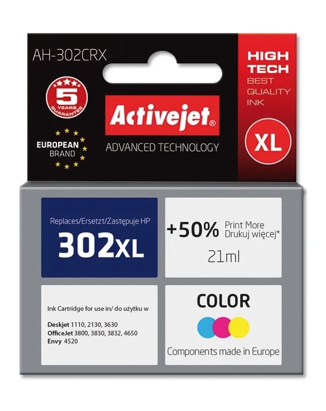 Activejet AH-302CRX Tusz (zamiennik HP 302XL F6U67AE; Premium; 21 ml; 500 stron, kolor), zdjęcie 1 z 2