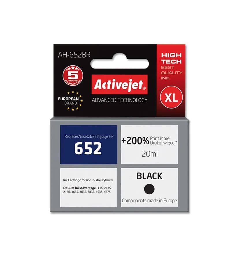 Activejet AH-652BR Tusz (zamiennik HP 652 F6V25AE; Premium; 20 ml; czarny), zdjęcie 1 z 2