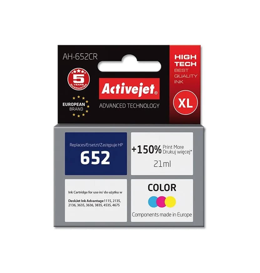 Activejet AH-652CR Tusz (zamiennik HP 652 F6V24AE; Premium; 21 ml; kolor), zdjęcie 1 z 2