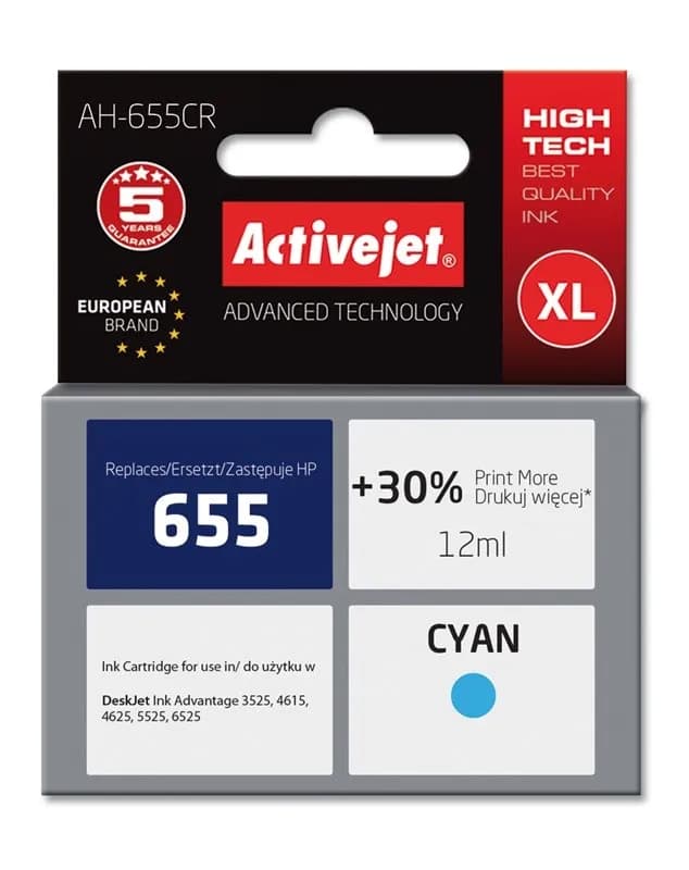 Activejet AH-655CR Tusz (zamiennik HP 655 CZ110AE; Premium; 12 ml; niebieski), zdjęcie 1 z 2