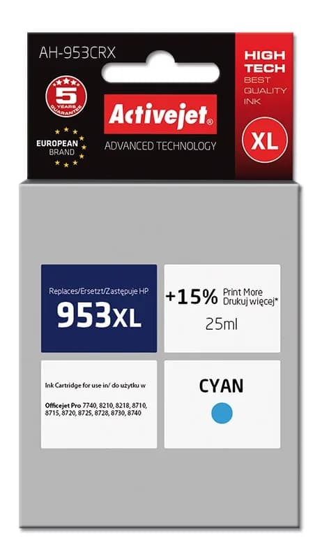 Activejet AH-953CRX Tusz (zamiennik HP 953XL F6U16AE; Premium; 25 ml; niebieski), zdjęcie 1 z 2
