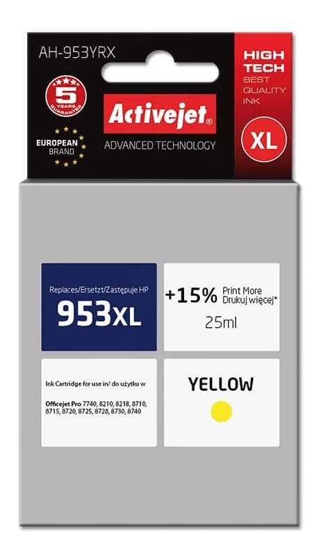 Activejet AH-953YRX Tusz (zamiennik HP 953XL F6U18AE; Premium; 25 ml; żółty), zdjęcie 1 z 2