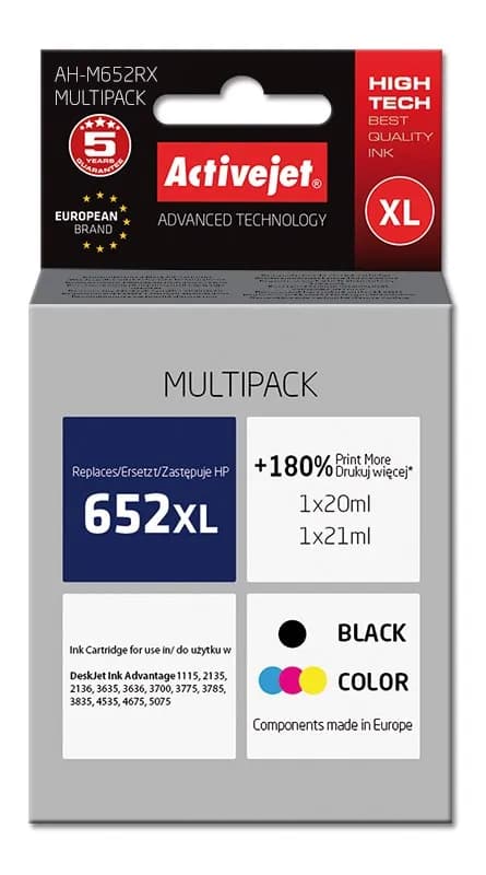 Activejet AH-M652RX Tusz (zamiennik HP 652 F6V25AE/F6V24AE; Premium; 1 x 20 ml, 1 x 21 ml; 1580, zdjęcie 1 z 2