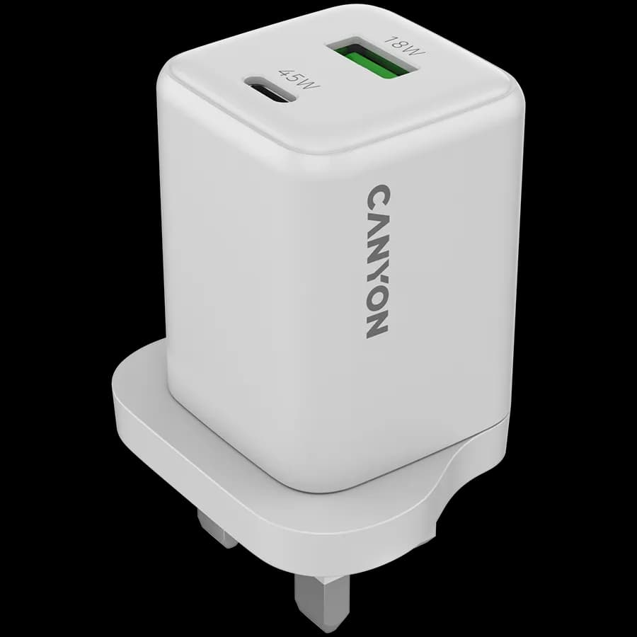 Canyon Ładowarka sieciowa CU45AC GaN 45W 1xPD 1xQC UK Biała, zdjęcie 1 z 5