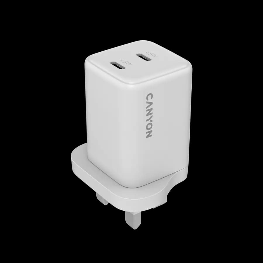 Canyon Ładowarka sieciowa CU45AC GaN 45W 2xPD UK Biała, zdjęcie 1 z 5