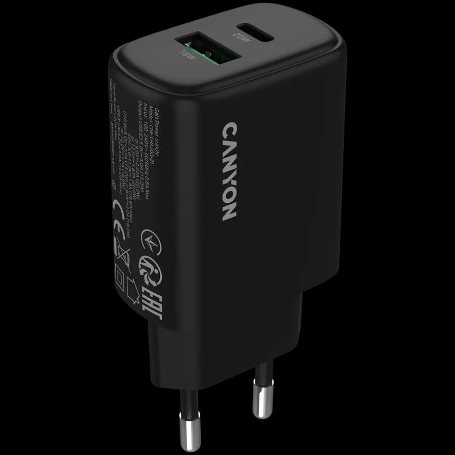 Canyon Ładowarka sieciowa OnCharge 200 20W 1xPD 1xQC EU Czarna, zdjęcie 1 z 5