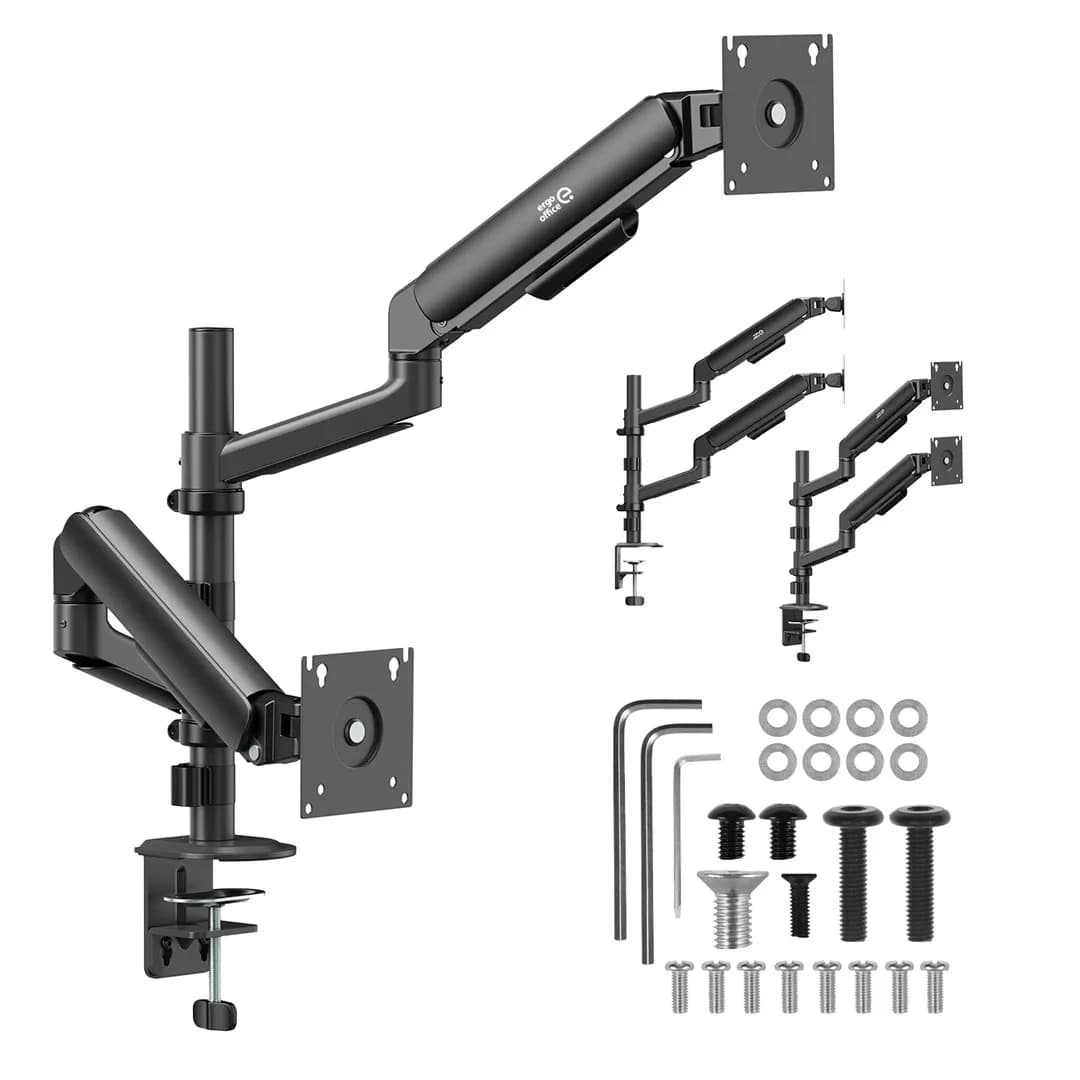 Ergo Office UCHWYT, WIESZAK NA 2 MONITORY, SPRĘŻYNA GAZOWA, 17"-32", 1-10KG, CZARNY MAT, ER-692 B, zdjęcie 1 z 10