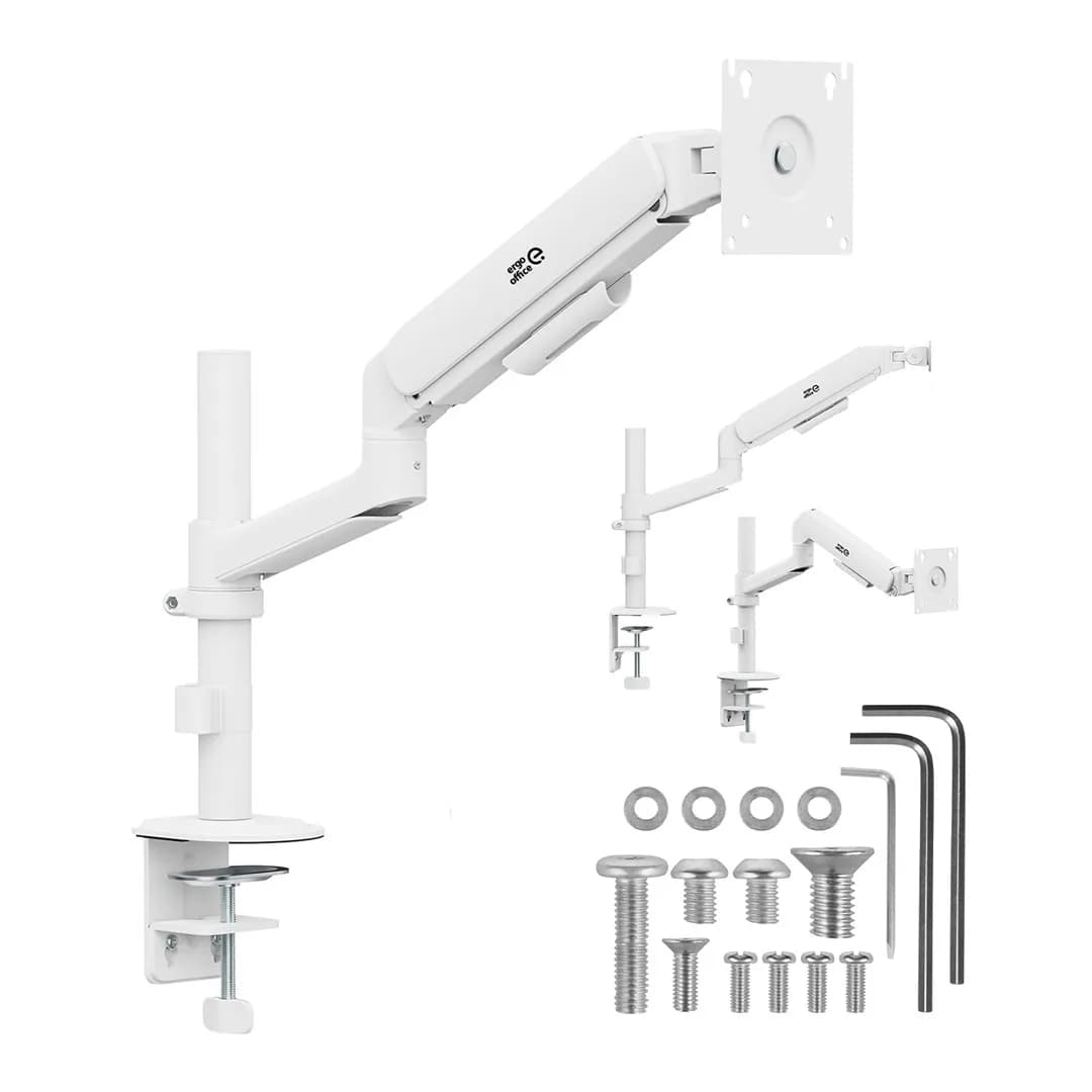 Ergo Office UCHWYT, WIESZAK NA MONITOR SPRĘŻYNA GAZOWA, 17"-32", 1-10KG, BIAŁY MAT, MAX. VESA 100X100, zdjęcie 1 z 9