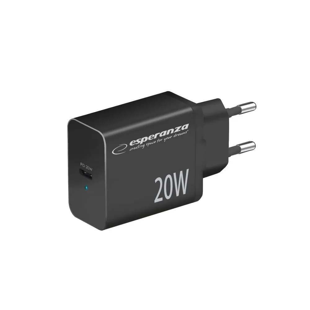 Esperanza ŁADOWARKA SIECIOWA 20W USB-C PD CZARNA EZC104K, zdjęcie 1 z 5