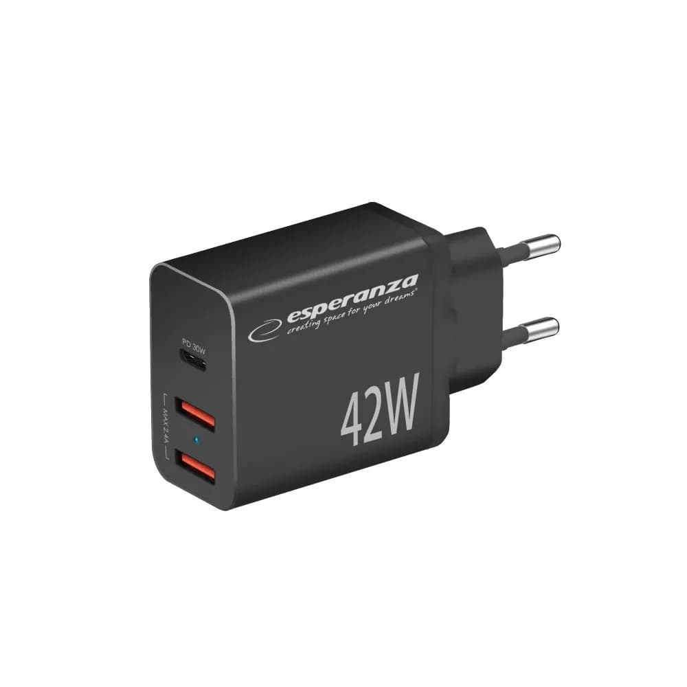 Esperanza ŁADOWARKA SIECIOWA 42W USB-C PD 30W, 2X USB-A 12W EZC106K, zdjęcie 1 z 3
