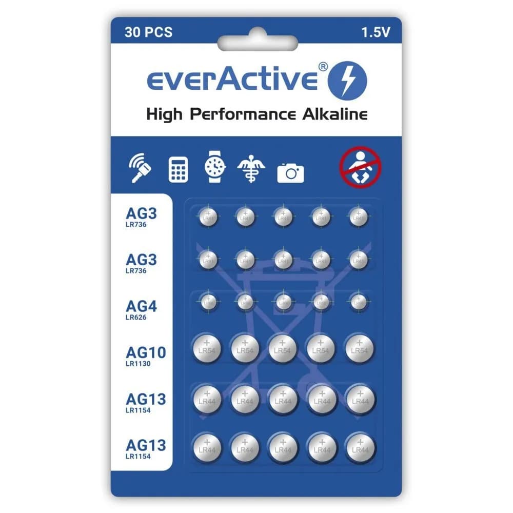 Everactive BATERIE ALKALICZNE MINI ZESTAW: 10 X G3, LR41, 5 X G4, LR626, 5 X G10, LR1130, 10 X G13
