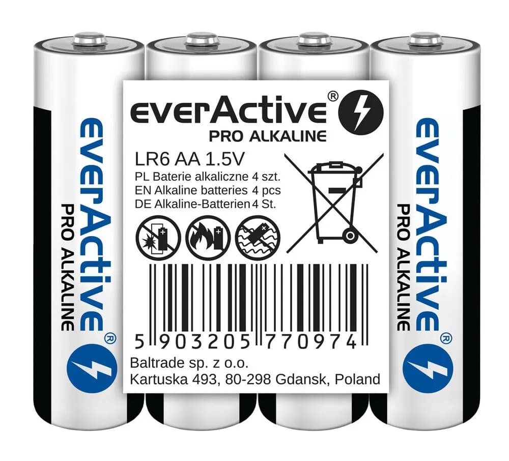 Everactive BATERIE ALKALICZNE PRO ALKALINE AA, LR6, SHRINK 4 SZT, 1250 MAH, WYSOKA WYDAJNOŚĆ, zdjęcie 1 z 3