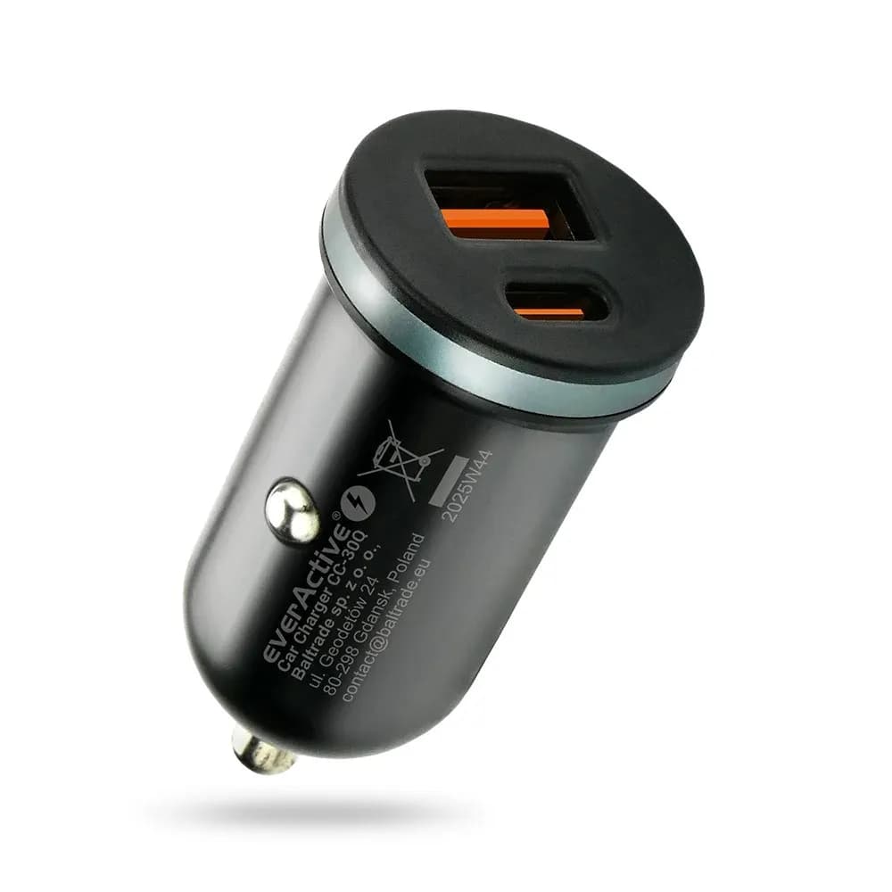 Everactive ŁADOWARKA SAMOCHODOWA 1X USB + 1X USB-C 35W QC 3.0 PD CZARNA CC-30Q, zdjęcie 1 z 6