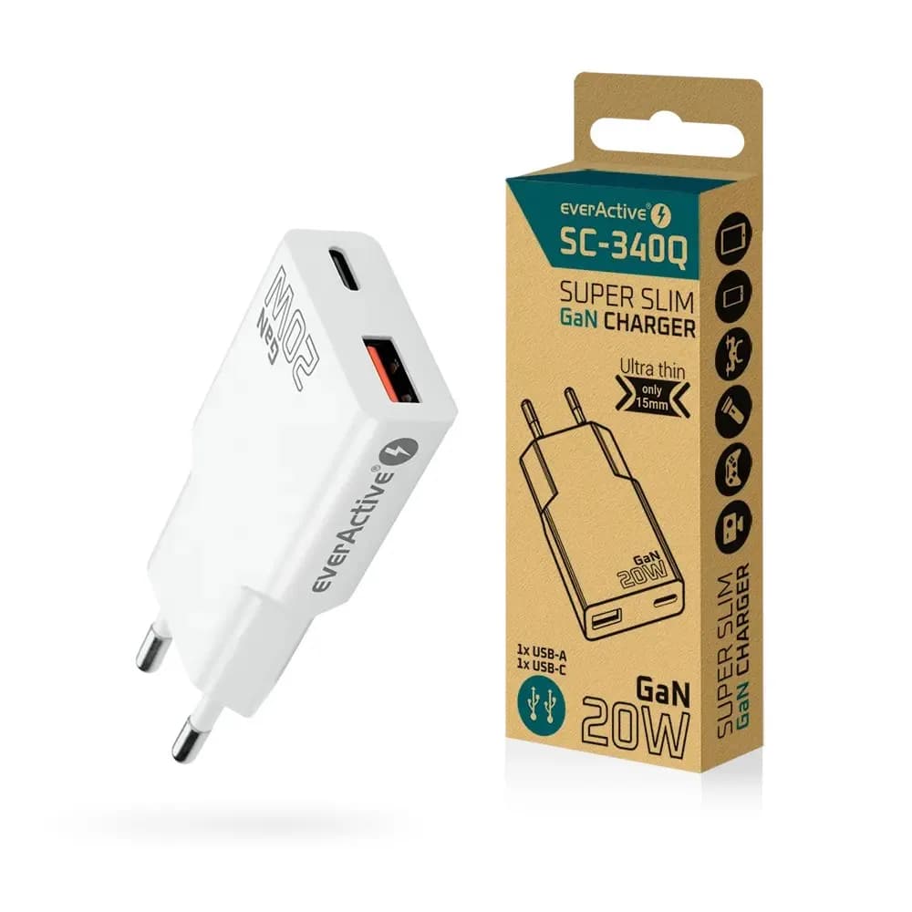 Everactive ŁADOWARKA SIECIOWA 1 X USB, 1 X USB-C QUICK CHARGE 3.0 20W SUPER SLIM BIAŁA SC-340Q, zdjęcie 1 z 12