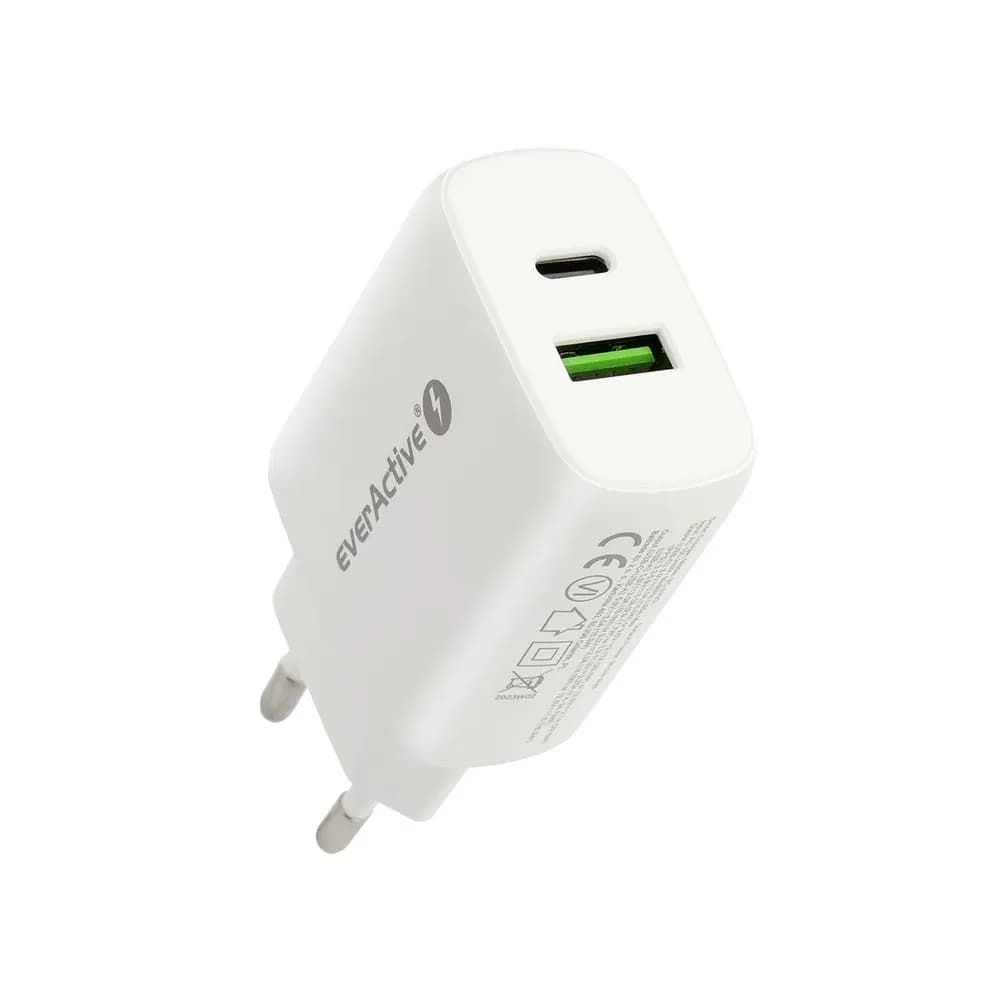 Everactive ŁADOWARKA SIECIOWA 1 X USB QUICK CHARGE 3.0 ORAZ 1 X USB-C PD PPS 25W BIAŁA SC-370Q, zdjęcie 1 z 7