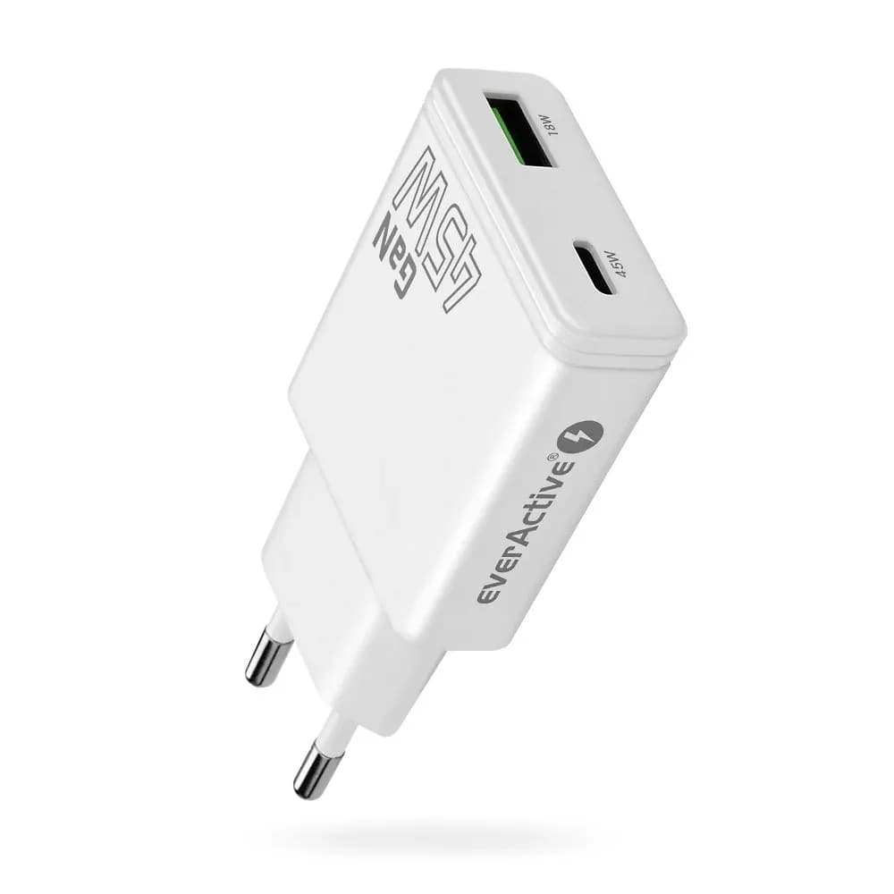 Everactive ŁADOWARKA SIECIOWA GAN 1 X USB, 1 X USB-C QUICK CHARGE 3.0 45W BIAŁA SC-460Q, zdjęcie 1 z 9