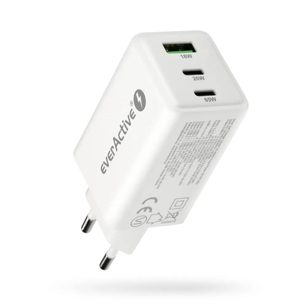 Everactive ŁADOWARKA SIECIOWA GAN 1 X USB, 2 X USB-C QUICK CHARGE 4+ 65W BIAŁA SC-655Q, zdjęcie 1 z 7