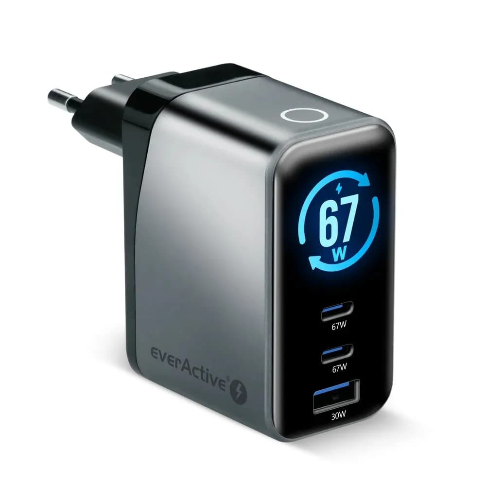 Everactive ŁADOWARKA SIECIOWA GAN 1 X USB, 2 X USB-C QUICK CHARGE 4+ 67W CZARNA SC-670Q, zdjęcie 1 z 5