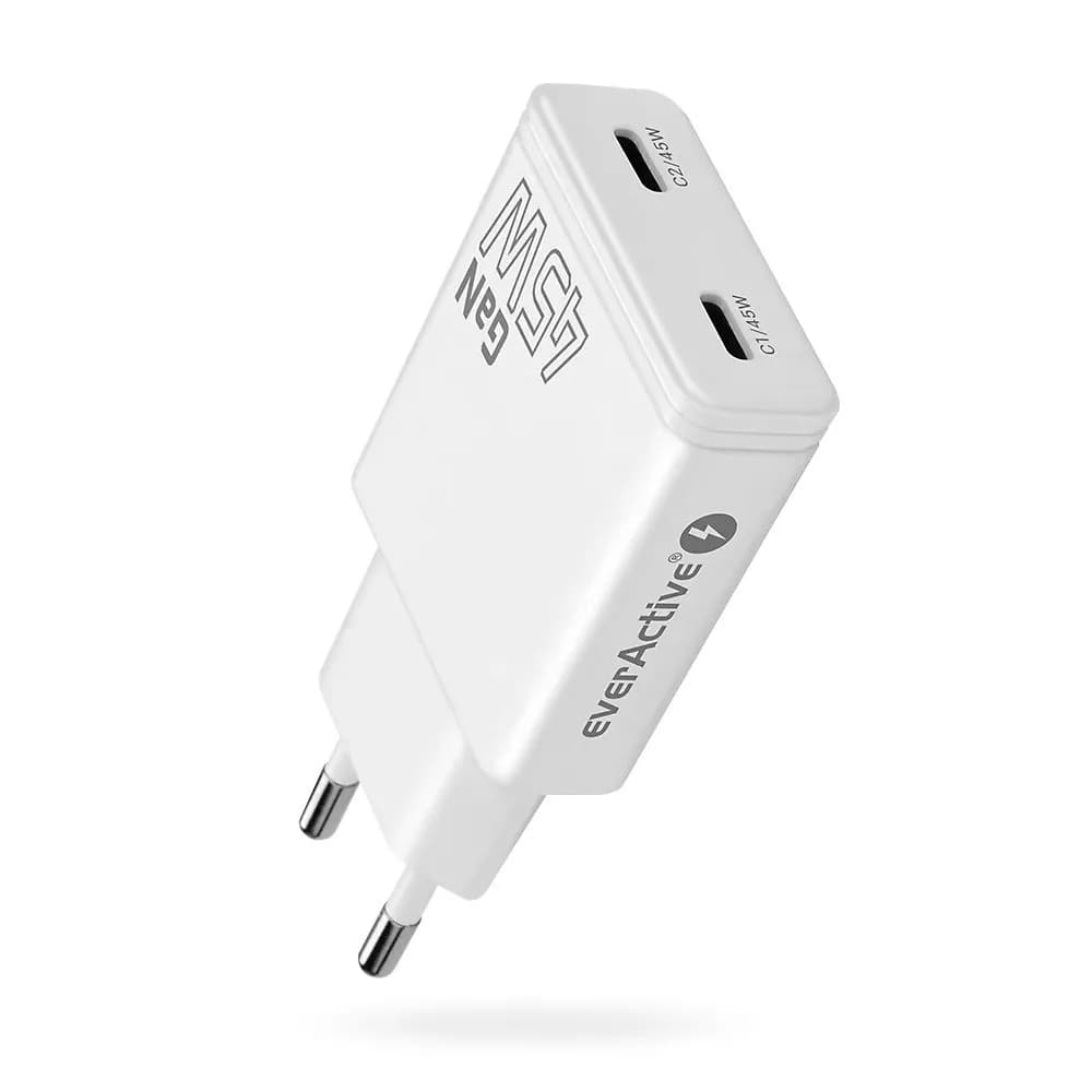 Everactive ŁADOWARKA SIECIOWA GAN SUPER SLIM 2X USB-C PD 45W BIAŁA SC-465Q, zdjęcie 1 z 9