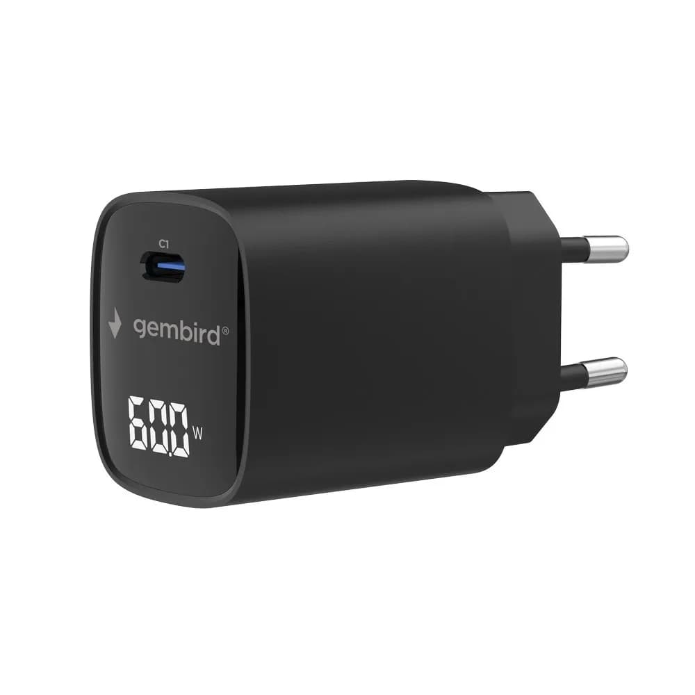 Gembird 1-PORTOWA SZYBKA ŁADOWARKA SIECIOWA (PD) USB TYP - C, 60W, LCD, CZARNA, zdjęcie 1 z 5
