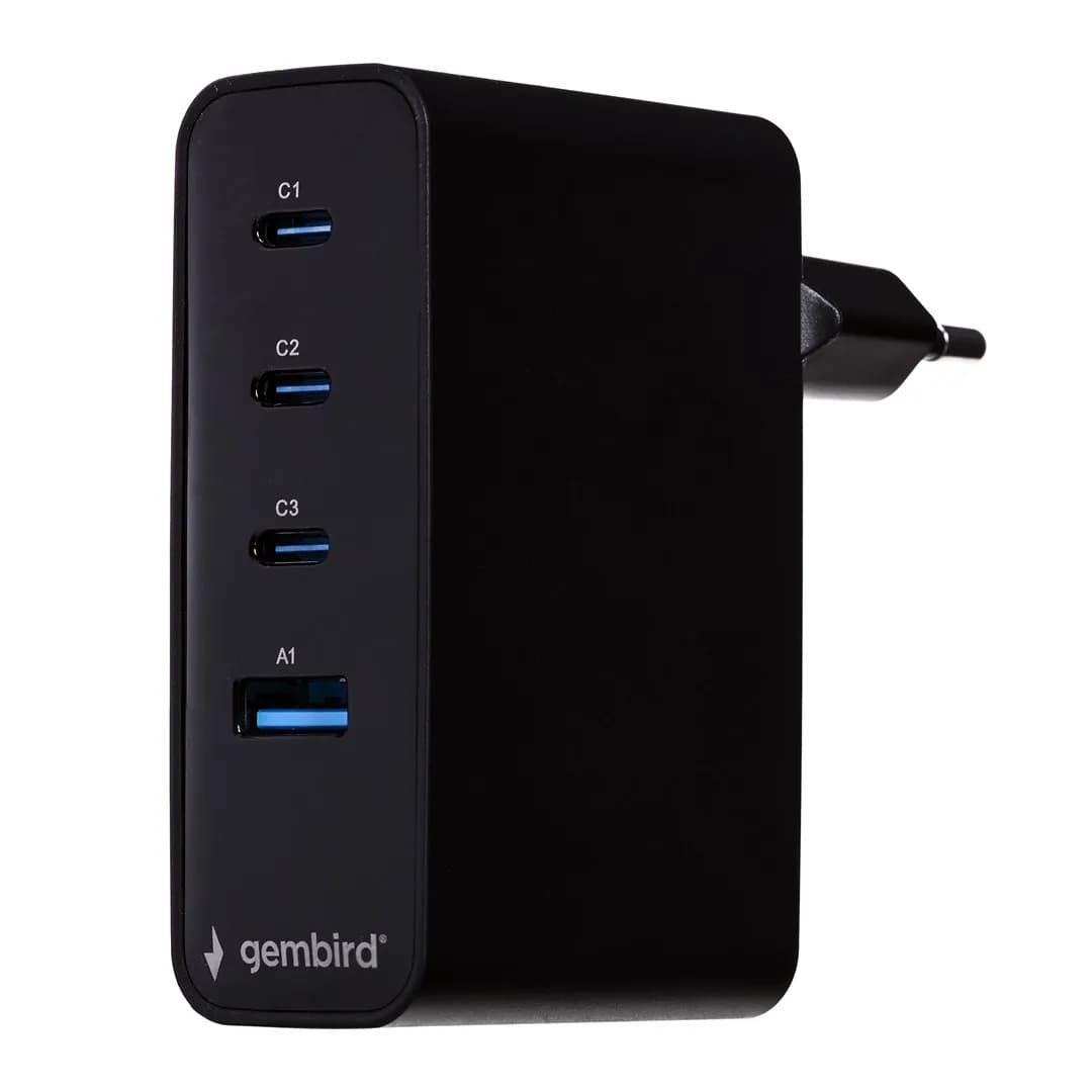 Gembird 4-PORTOWA SZYBKA ŁADOWARKA SIECIOWA GAN (PD) USB (3X USB-A + 1X USB TYP-C) 100W, CZARNA, zdjęcie 1 z 5