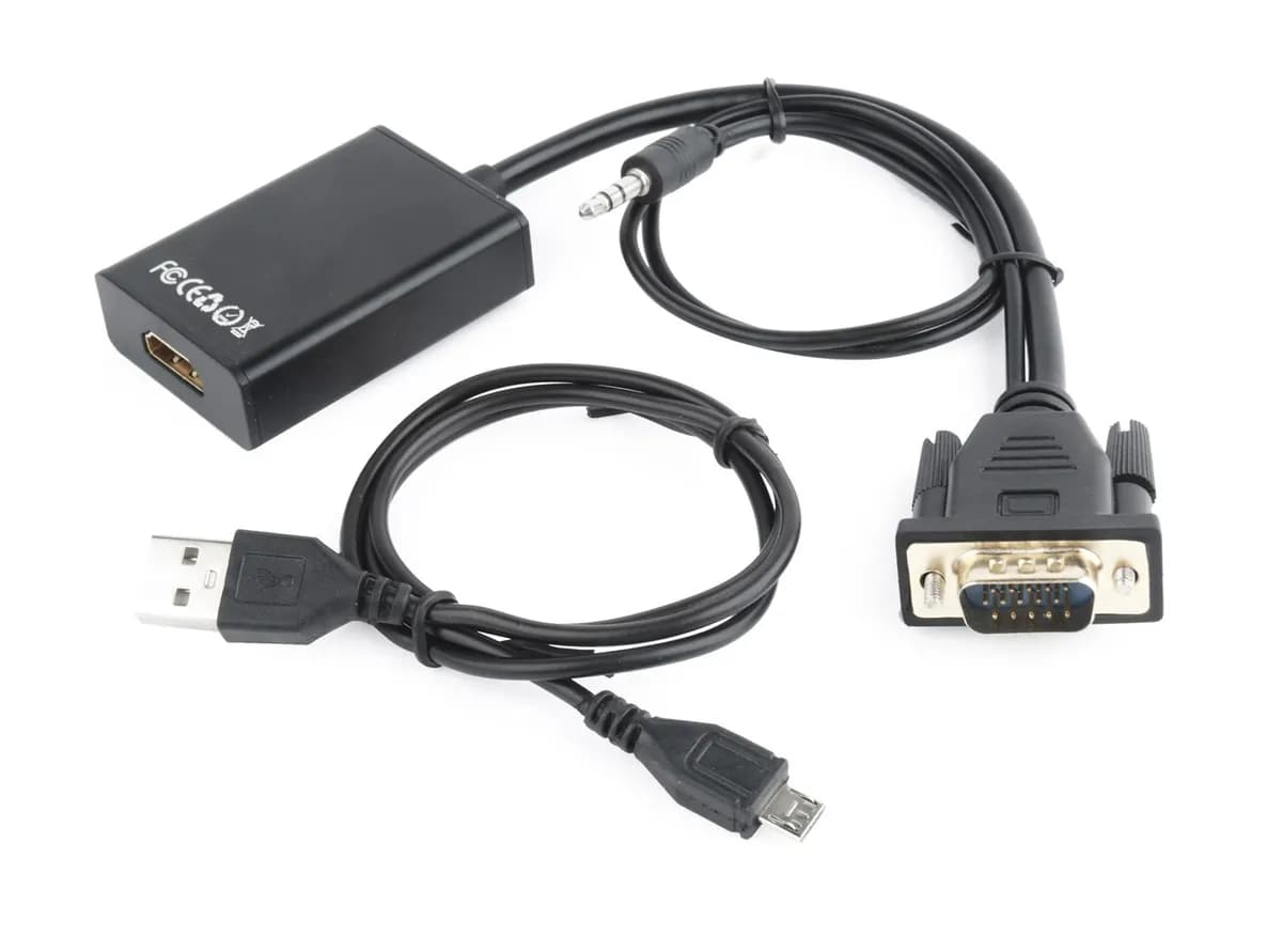 Gembird Adapter A-VGA-HDMI-01 (HDMI F - D-Sub (VGA), Jack stereo 3,5 mm, USB 2.0 M; 0,15m; kolor, zdjęcie 1 z 4