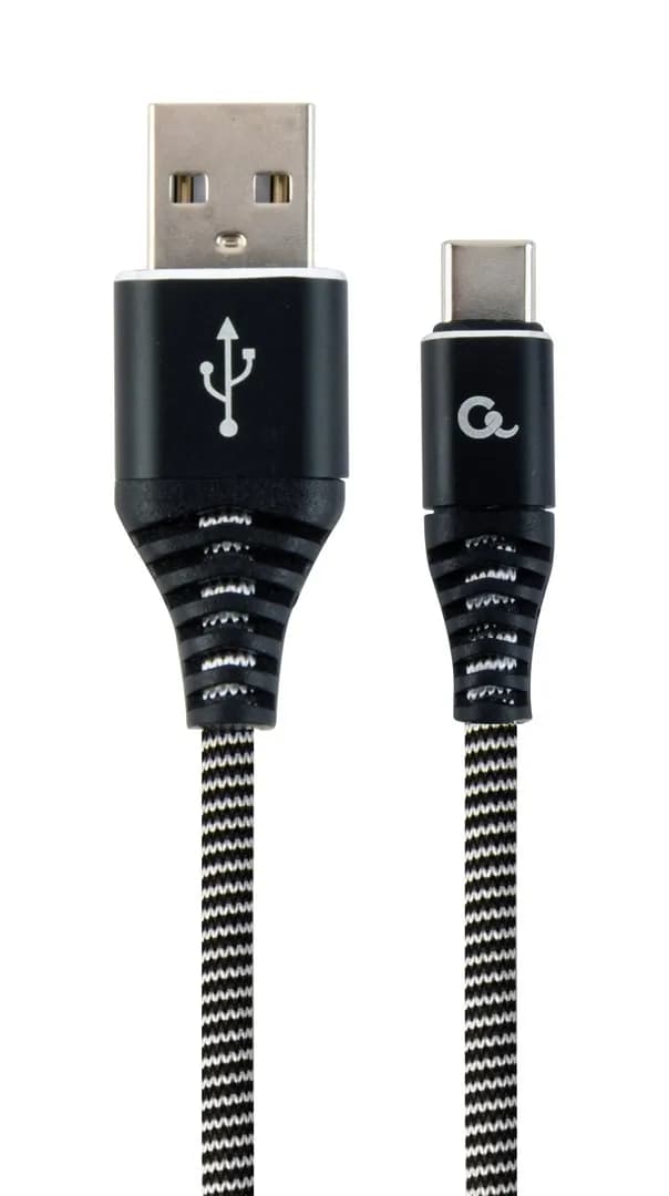 Gembird PREMIUM KABEL USB-C 2.0 (AM/CM) METALOWE WTYKI, OPLOT NYLONOWY 2M, CZARNO/BIAŁY, zdjęcie 1 z 2