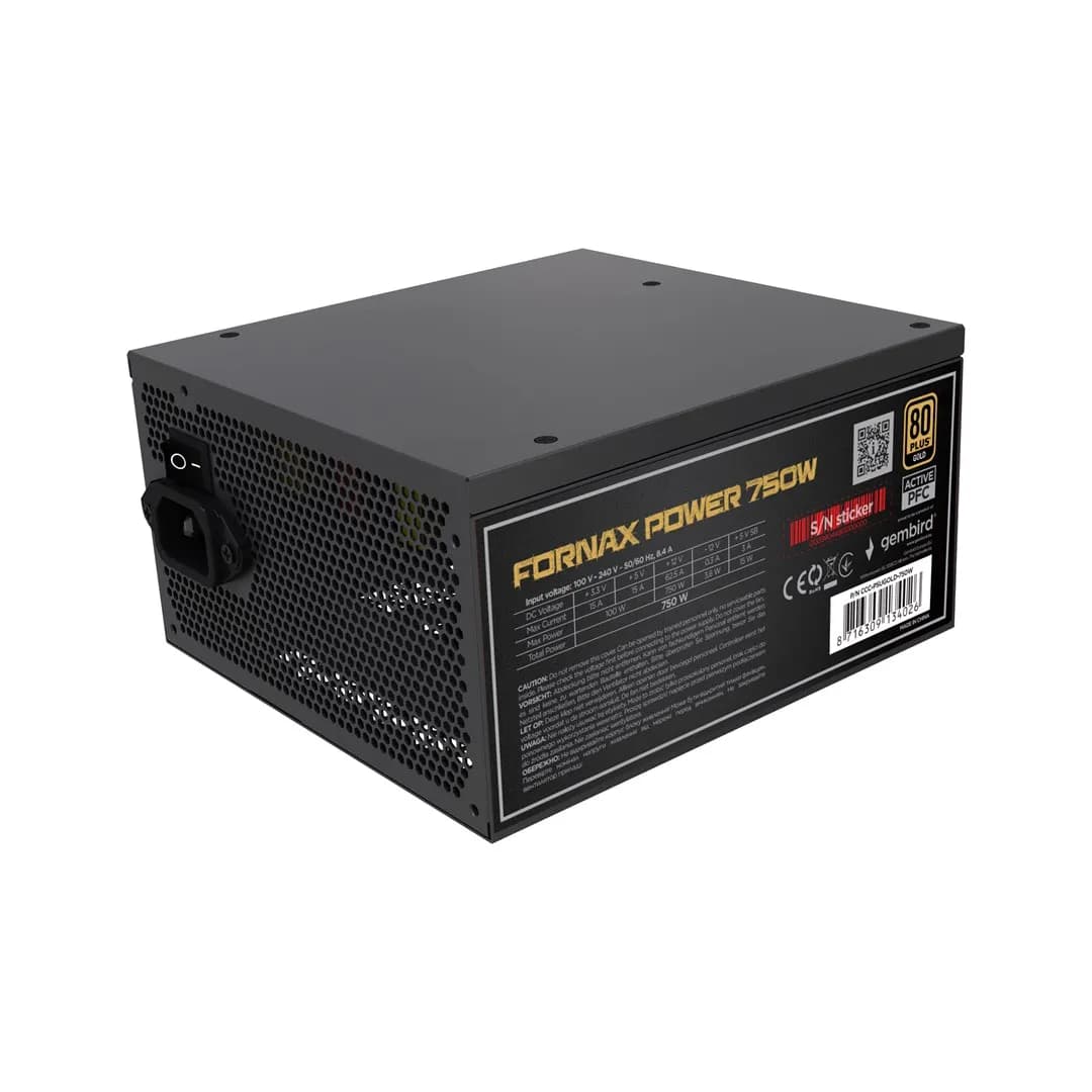 Gembird ZASILACZ KOMPUTEROWY FORNAX POWER 750W 80+ GOLD ATX, 750W, AKTYWNE PFC, 12CM WENTYLATOR, zdjęcie 1 z 12