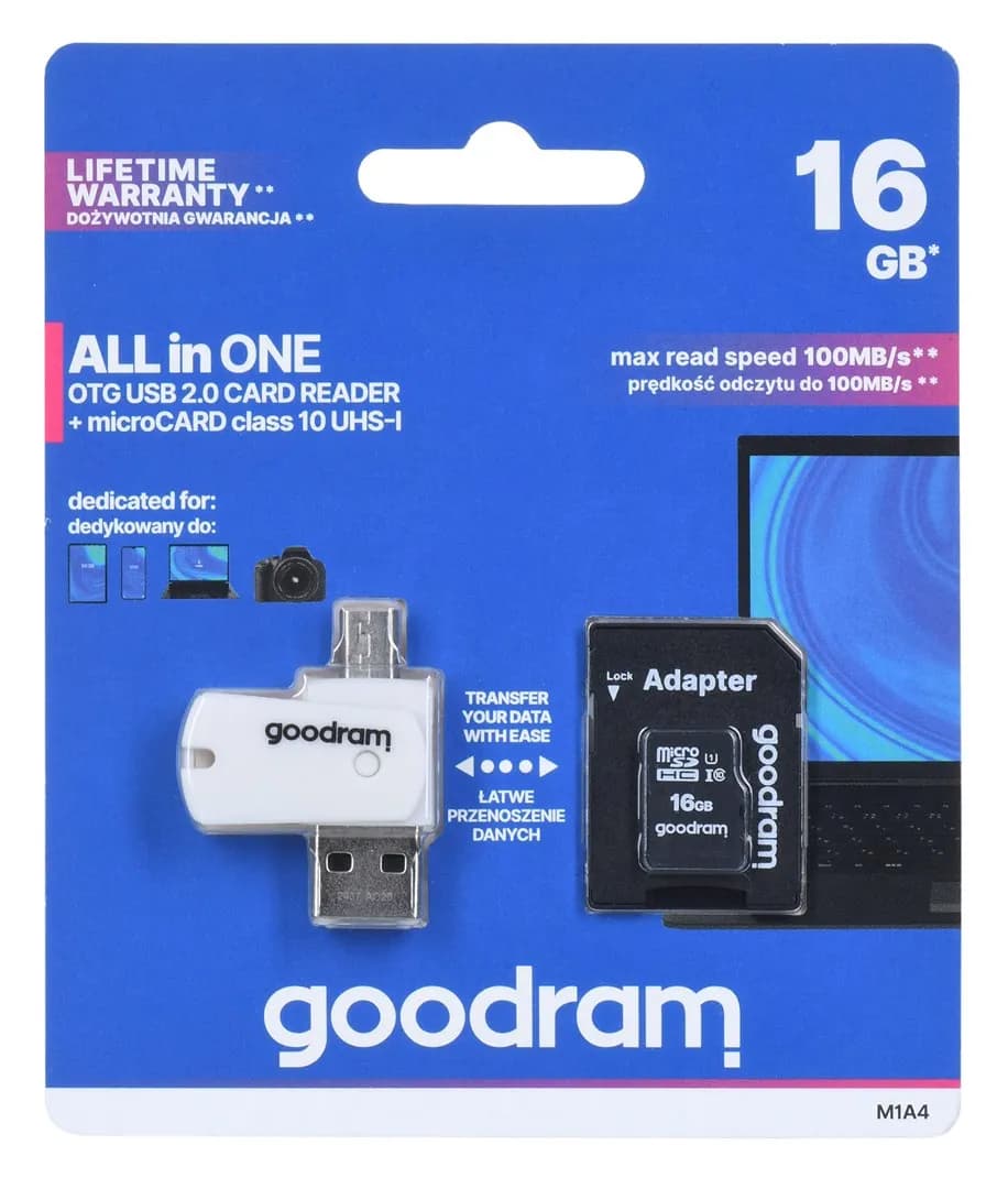 Goodram Karta pamięci z adapterem i czytnikiem kart All in one M1A4-0160R12 (16GB; Class 10, zdjęcie 1 z 2