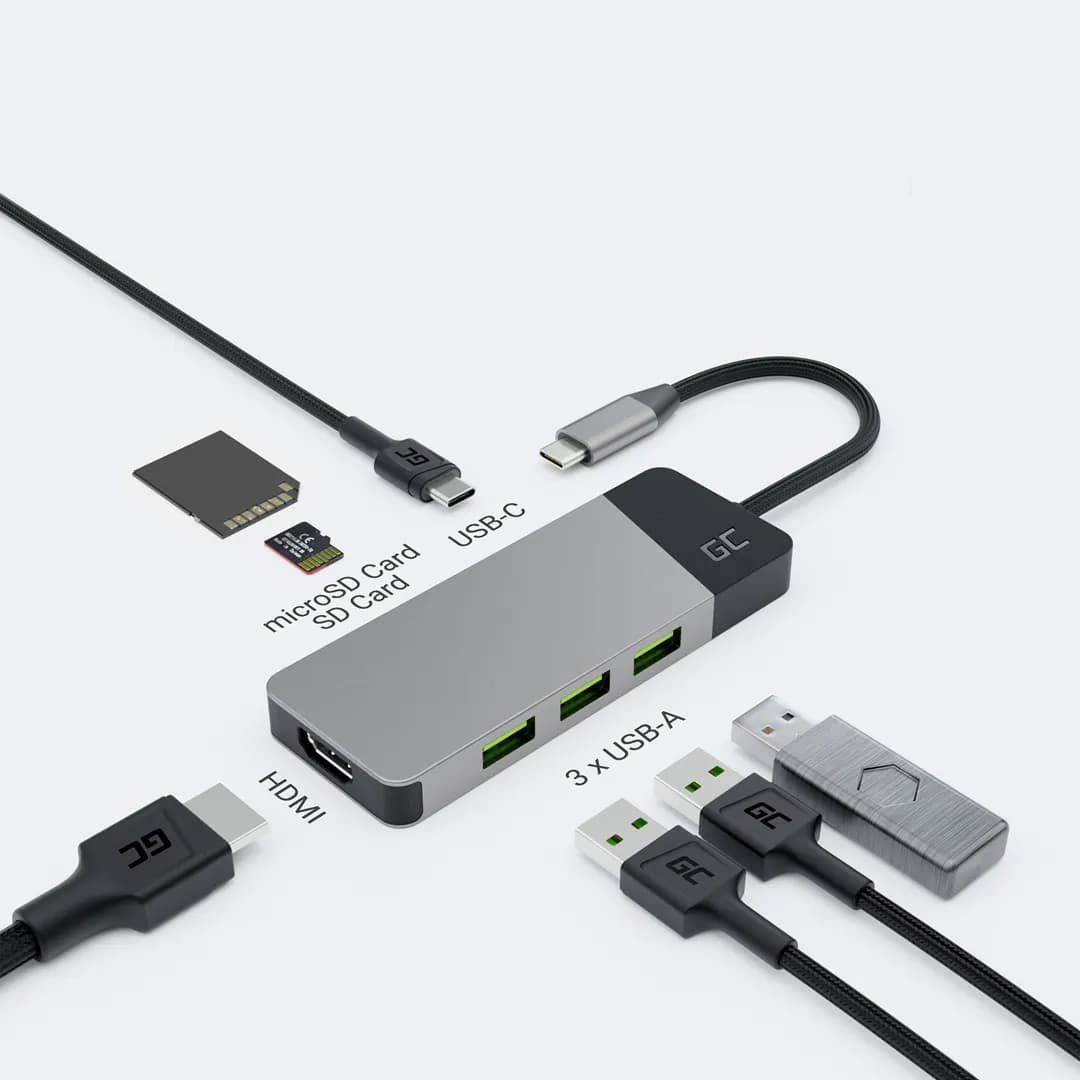 Green Cell HUB USB-C ADAPTER GC CONNECT 7W1 (3XUSB 3.1, HDMI 4K 60HZ, USB-C PD 85W, MICROSD/SD), zdjęcie 1 z 7