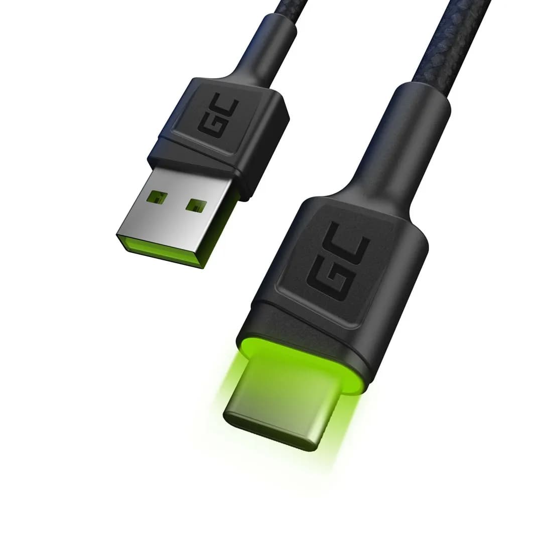 Green Cell KABEL KABGC06 GC RAY USB - USB-C 120CM, ZIELONY LED, SZYBKIE ŁADOWANIE ULTRA CHARGE, QC, zdjęcie 1 z 4