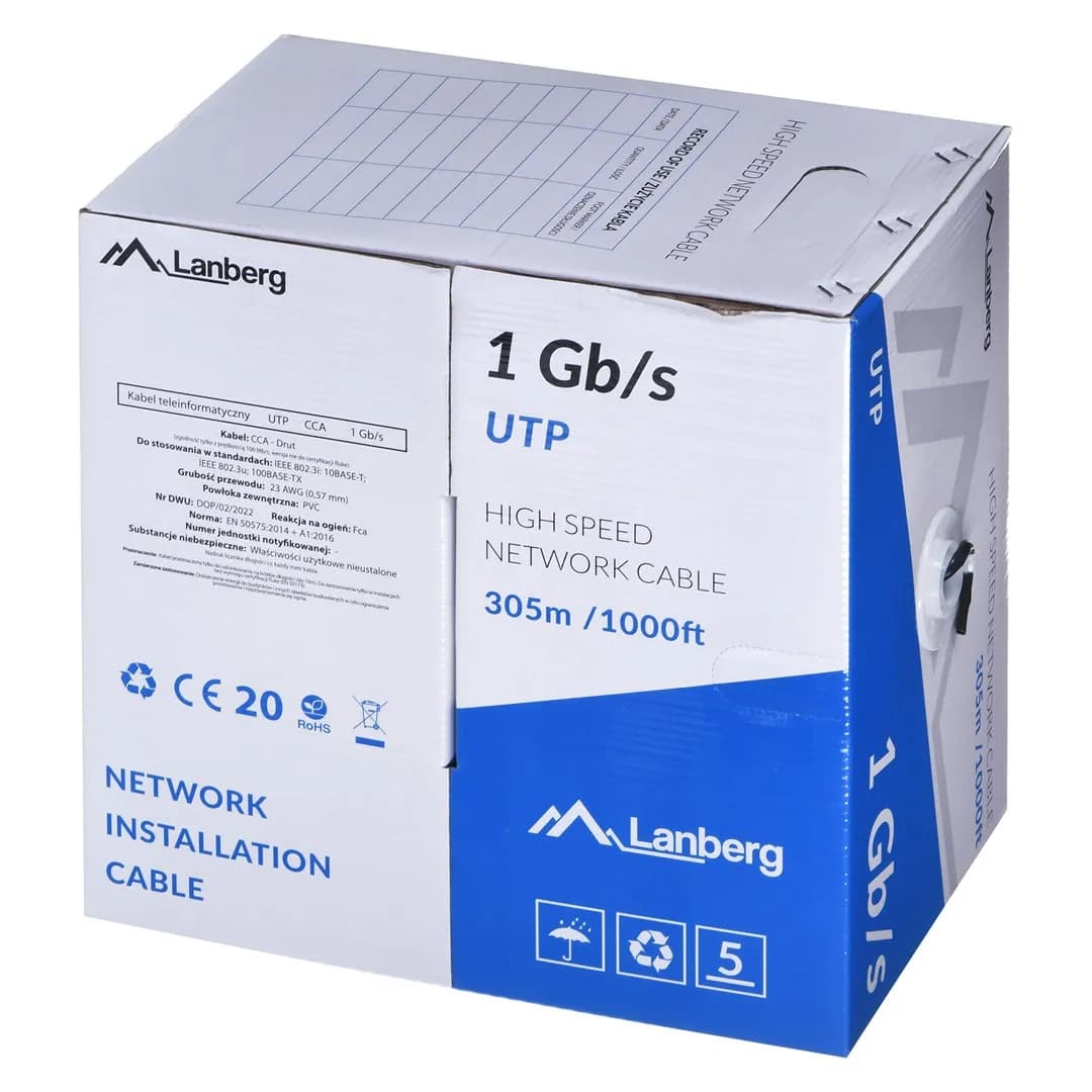 Lanberg KABEL UTP 1GB/S 305M DRUT CCA CZARNY LCU6-10CC-0305-BK, zdjęcie 1 z 2