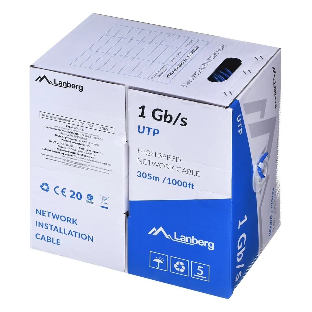 Lanberg KABEL UTP 1GB/S 305M DRUT CCA NIEBIESKI LCU6-10CC-0305-B, zdjęcie 1 z 2