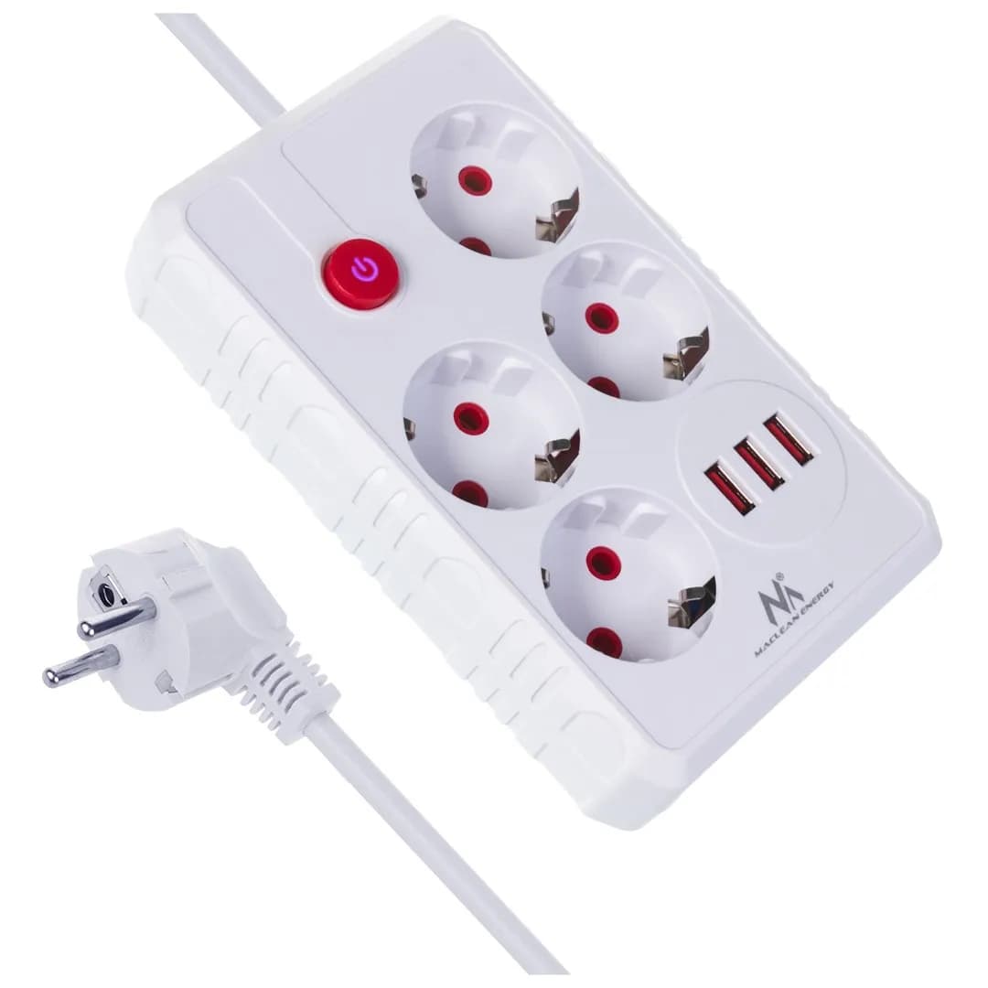 Maclean LISTWA ZASILAJĄCA, PRZEDŁUŻACZ 4 GNIAZDA + 3XUSB, 110-240V AC 50/60HZ, 2.1A MAX 2500W, 3M, zdjęcie 1 z 11