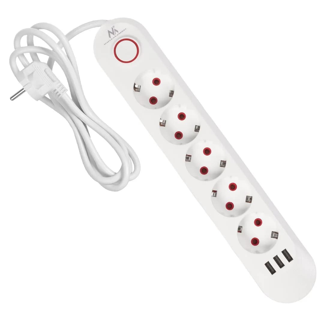 Maclean LISTWA ZASILAJĄCA PRZEDŁUŻACZ5 GNIAZD + 3XUSB, 110-240V AC 50/60HZ, 2.1A MAX 2500W, 1,5M, zdjęcie 1 z 12