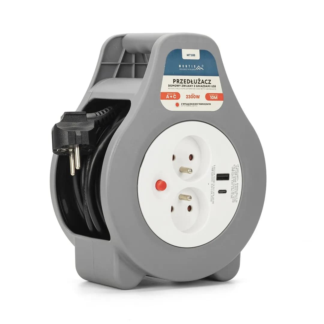 Montis PRZEDŁUŻACZ DOMOWY ZWIJANY Z DWOMA GNIAZDAMI USB TYPU A+C 10M SZARY MT188, zdjęcie 1 z 6