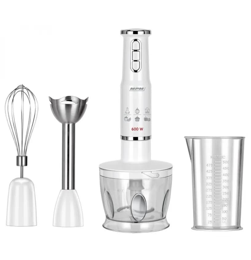 Mpm Blender ręczny-zestaw MBL-43, pojemnik 500 ml z nożem ze stali nierdzewnej, przystawka, zdjęcie 1 z 7