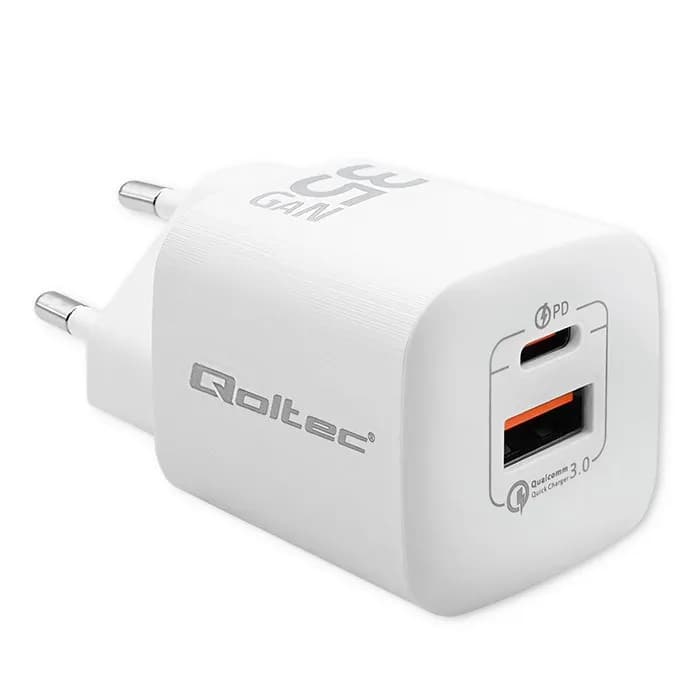 Qoltec ŁADOWARKA SIECIOWA 35W GAN ULTRA | 5-20V | 2.25-3A | 1 X USB TYP C PD | 1 X USB | BIAŁA, zdjęcie 1 z 3