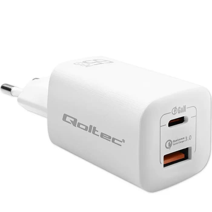 Qoltec ŁADOWARKA SIECIOWA 65W GAN ULTRA | 5-20V | 2.25-3.25A | 1 X USB TYP C PD | 1 X USB QC 3.0, zdjęcie 1 z 3